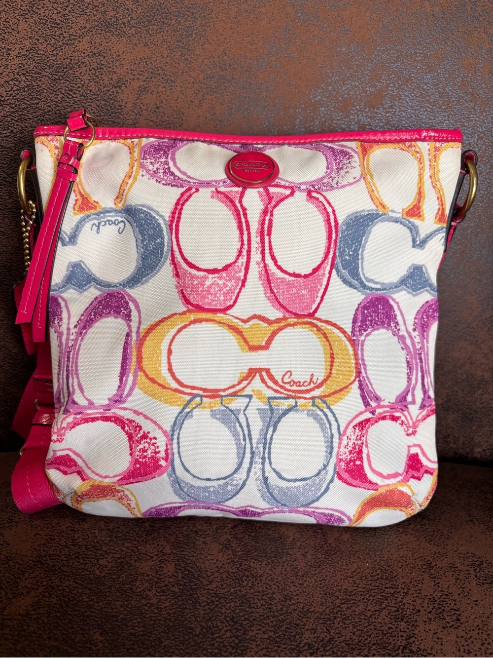 Coach Multicolor Signature Crossbody with Pink Trim